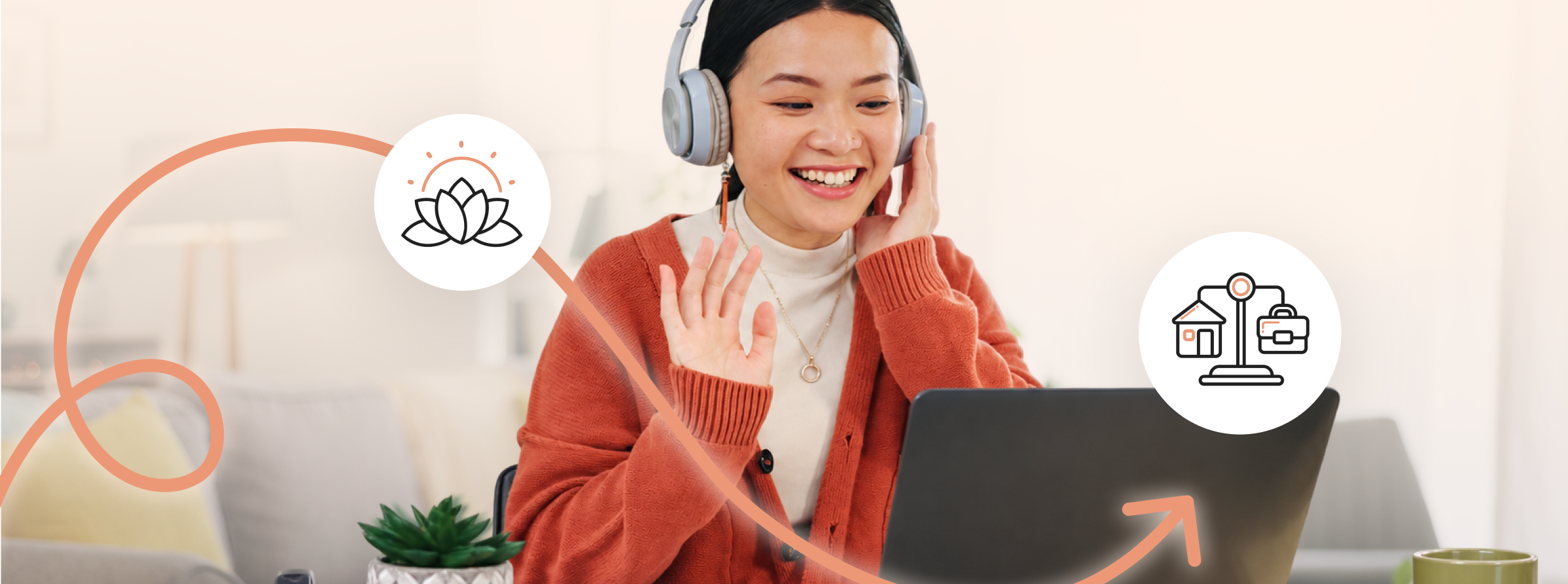 Dialogue - A woman in a conference call with her headphones, and two pictograms of a flower and a balance
