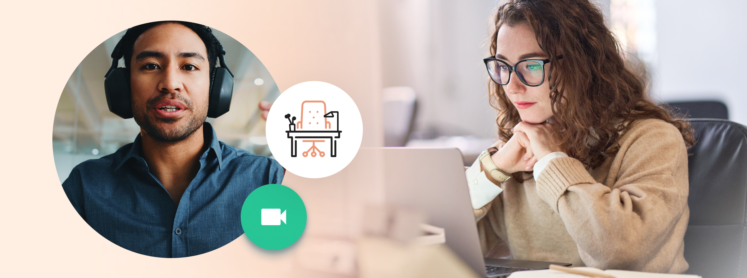 Dialogue - Two persons in a conference call, and two pictograms of a office desk and a camera