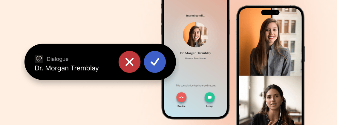 Dialogue - Two smartphones showing a conference call and an incoming call from a doctor