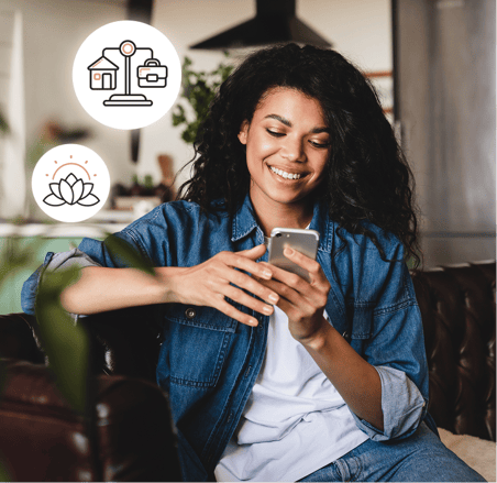 Dialogue - August Product updates - A woman looking at her smartphone, and a lotus flower and a balance icons