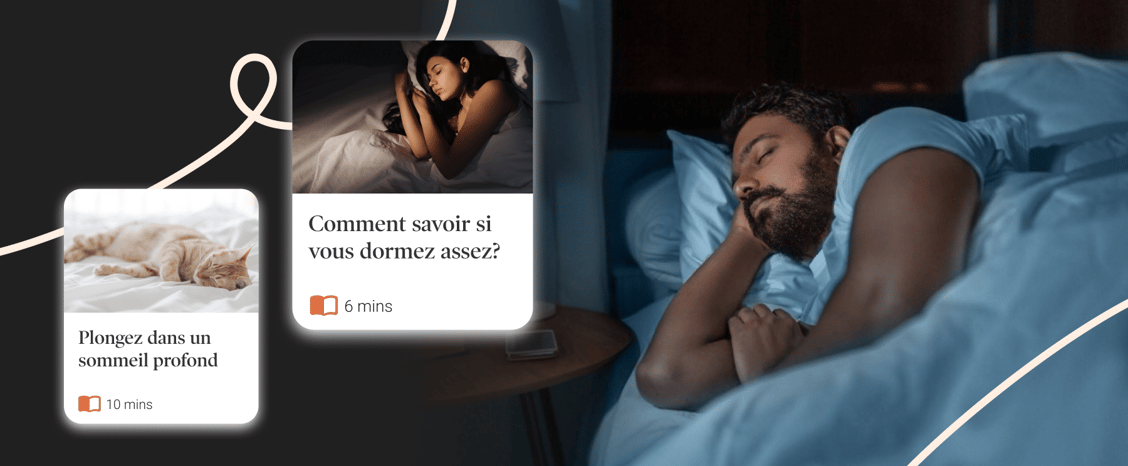 Dialogue - Mise à jour produit de août - Un homme dormant dans son lot, et des icônes de l'application Dialogue montrant des contenus sur le sommeil