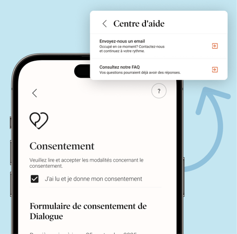 Dialogue - Mise à jour produit de juillet - Un smartphone montrant le centre d'aide de l'application de Dialogue
