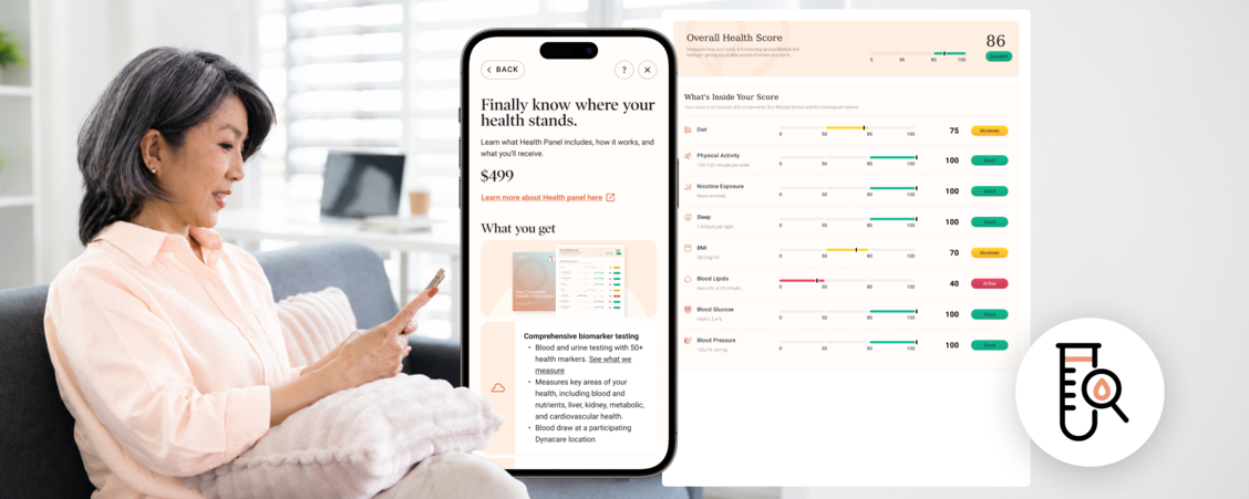 Dialogue app Health Panel screen priced at $499, next to an Overall Health Score of 86 out of 100 with results for diet, sleep, blood lipids and more, while a woman smiles at her phone.