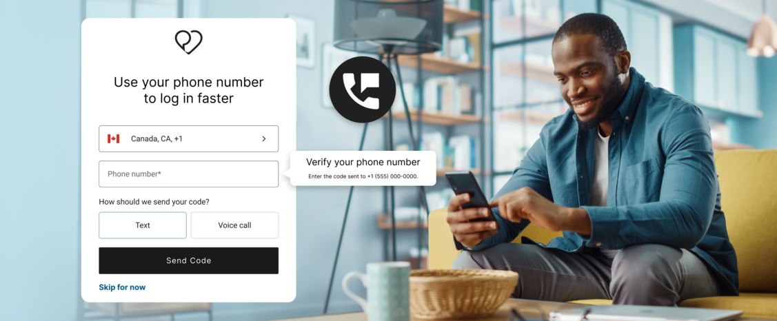 Dialogue app login screen titled “Use your phone number to log in faster”, with a Canada +1 phone field, Text and Voice call code options, and a smiling man using his phone.