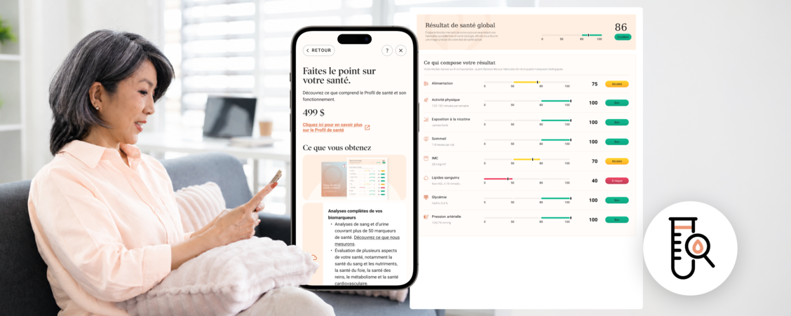 Écran de l’application Dialogue présentant le Profil de santéà 499 $, à côté d’un résultat de santé global de 86 sur 100 détaillé par composante, pendant qu’une femme sourit en regardant son téléphone.