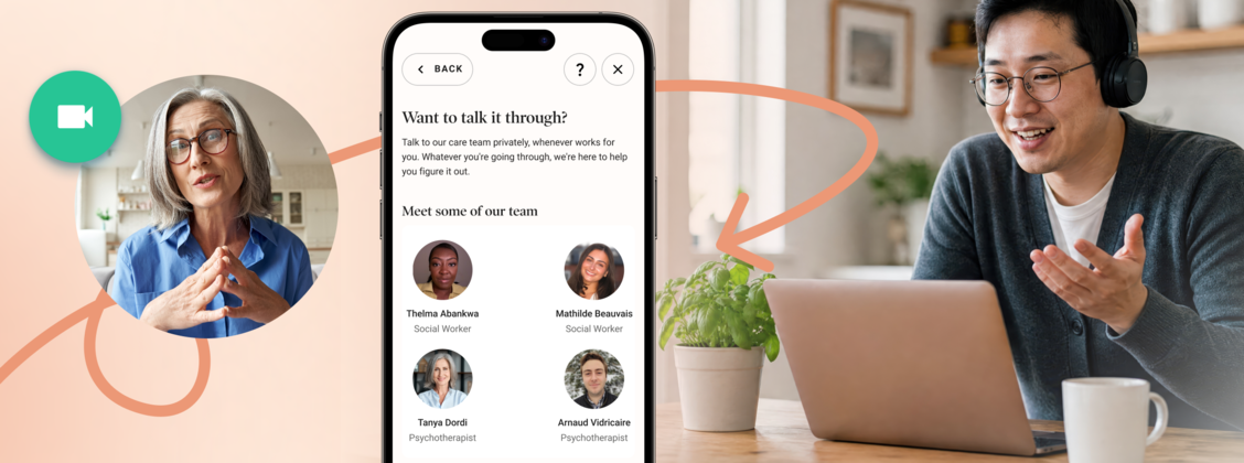 Dialogue app screen titled “Want to talk it through?” showing four care team members, two social workers and two psychotherapists, beside a woman and a man on video calls with their care team.