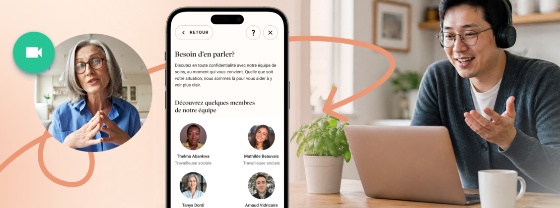 Écran de l’application Dialogue intitulé « Envie d’en parler? » présentant quatre membres de l’équipe de soins, en travail social et en psychothérapie, à côté de deux personnes en consultation vidéo.