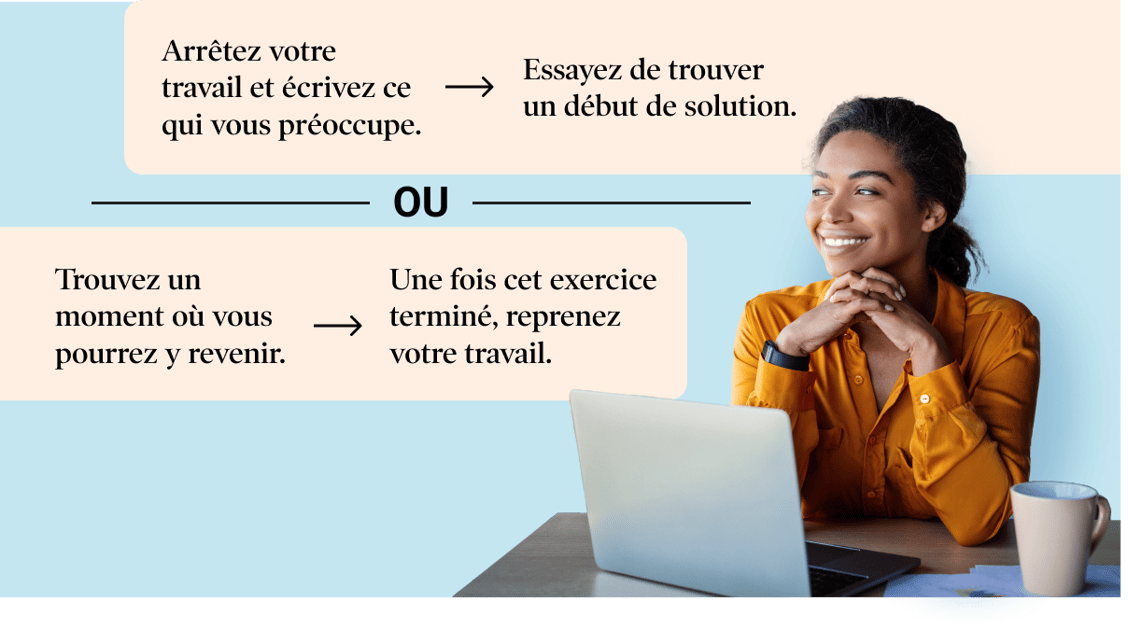 4 stratégies pour améliorer la concentration: Stop your work and write down the concern, Try to find the beginning of a solution, Identify a moment when you can come back to it, Once this exercise is done, return to work