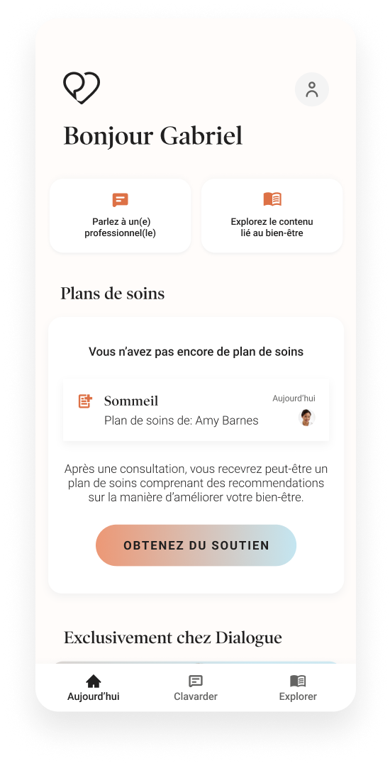 Capture d'écran de l'application mobile du Programme d'aide aux employés (PAE) de Dialogue, montrant une interface conviviale avec diverses fonctionnalités permettant d'accéder à des ressources en santé mentale, des services de conseil et un soutien au bien-être