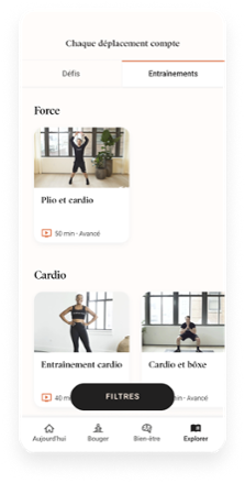 Capture d’écran de l’application mobile du programme de Bien-être de Dialogue, montrant une interface conviviale avec diverses fonctionnalités permettant d’accéder à des ressources et du contenu personnalisé pour inciter les gens à bouger et sentir mieux.