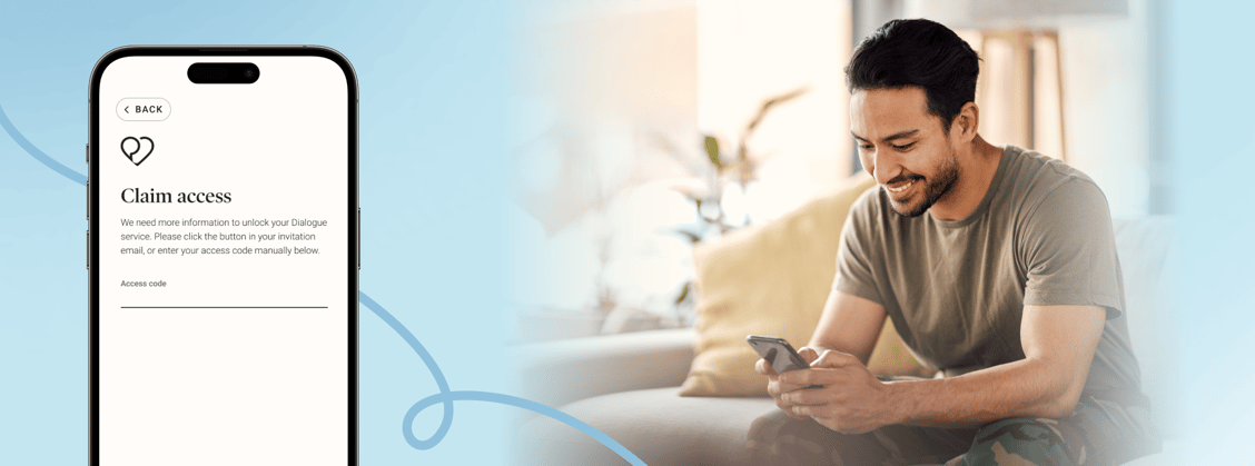 Dialogue - August Product updates - A man looking at his phone in his living room and the Dialogue App on a smartphone